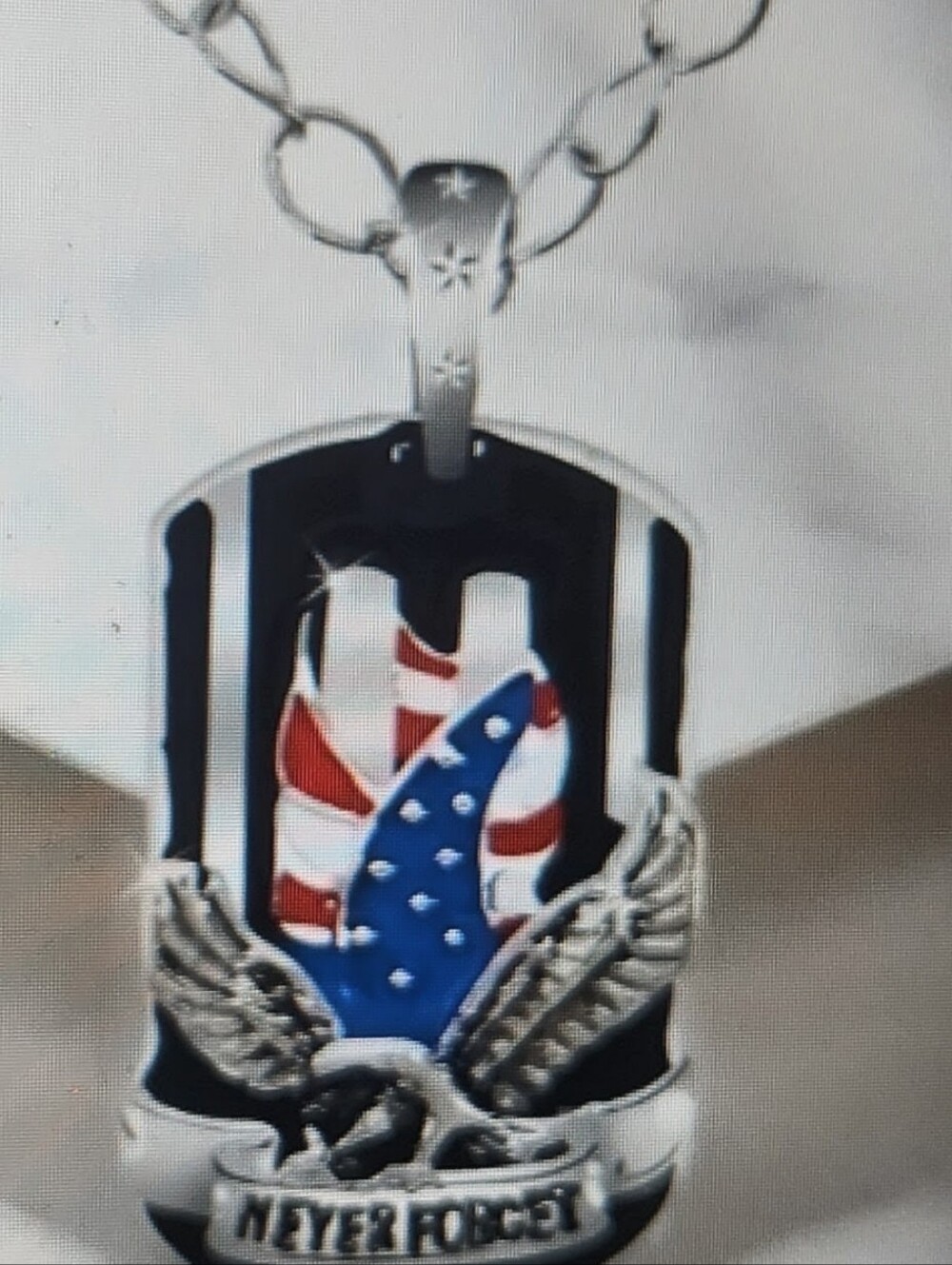 Never Forget Eagle Pendant Necklace in Silver with Red & Blue Accents